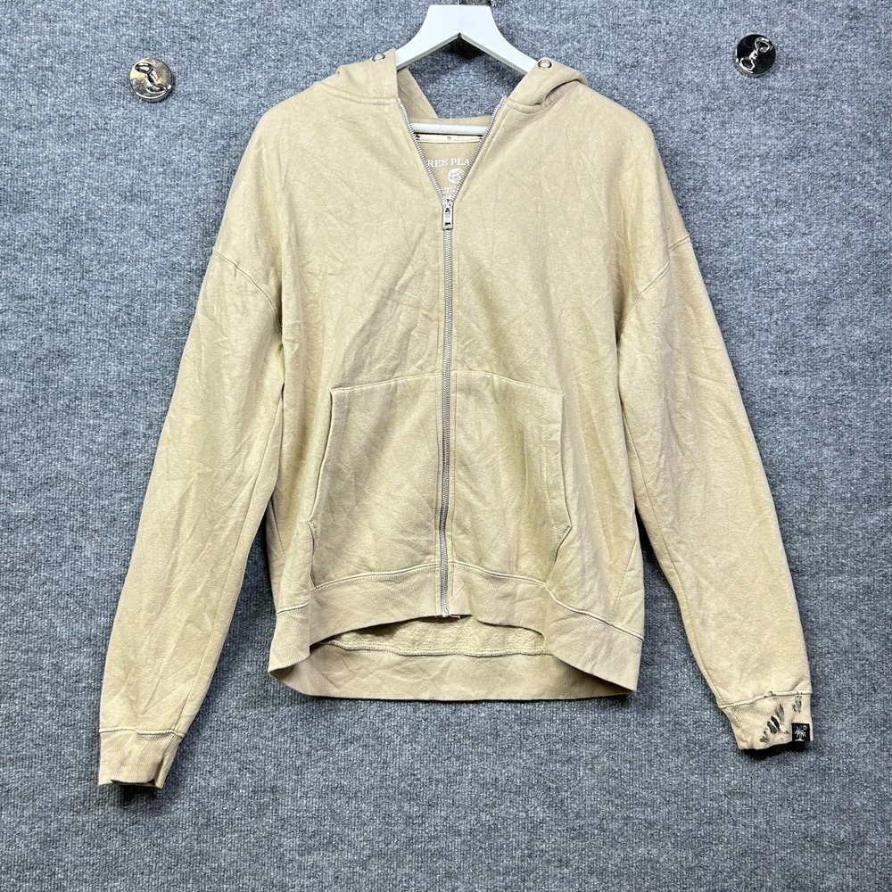 Free Planet Full Zip Hoodie Men's Tan Beige Fleece Pocket Long Sleeve - Medium